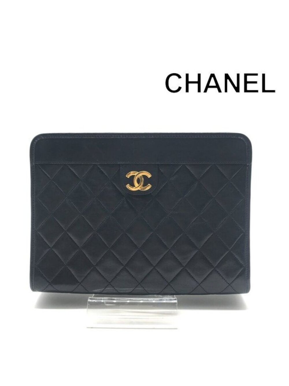 Chanel CC Logo Mini Quilted Lambskin Clutch Navy Purse